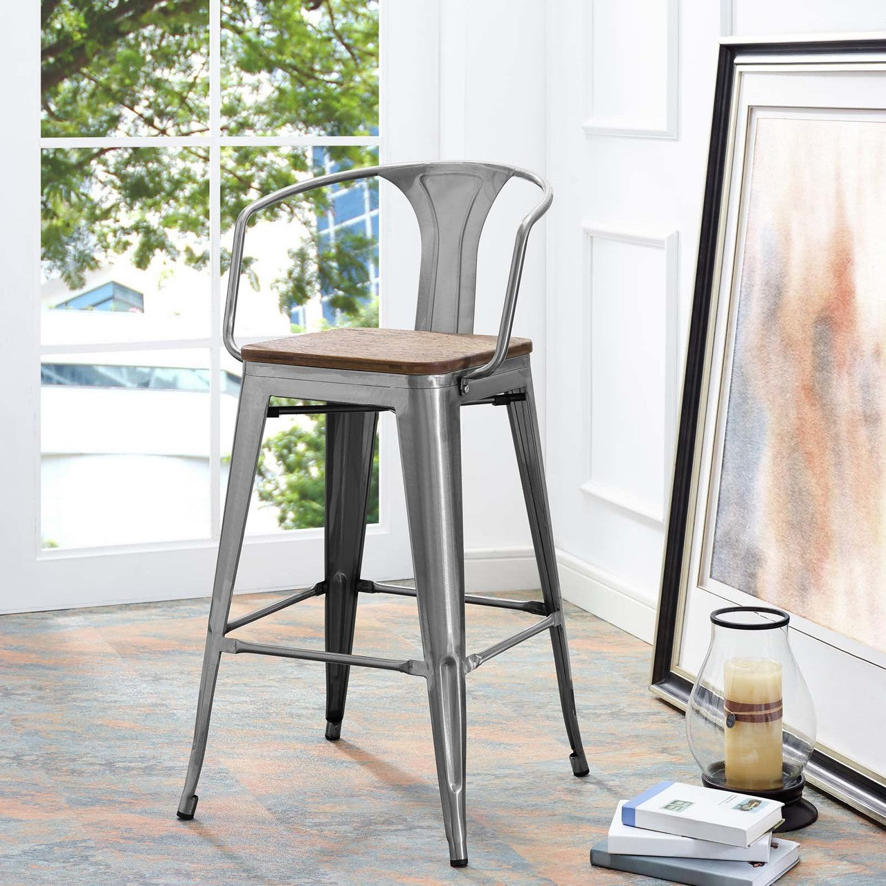Promenade Bar Stool, Metal Steel Wood, Silver 13716