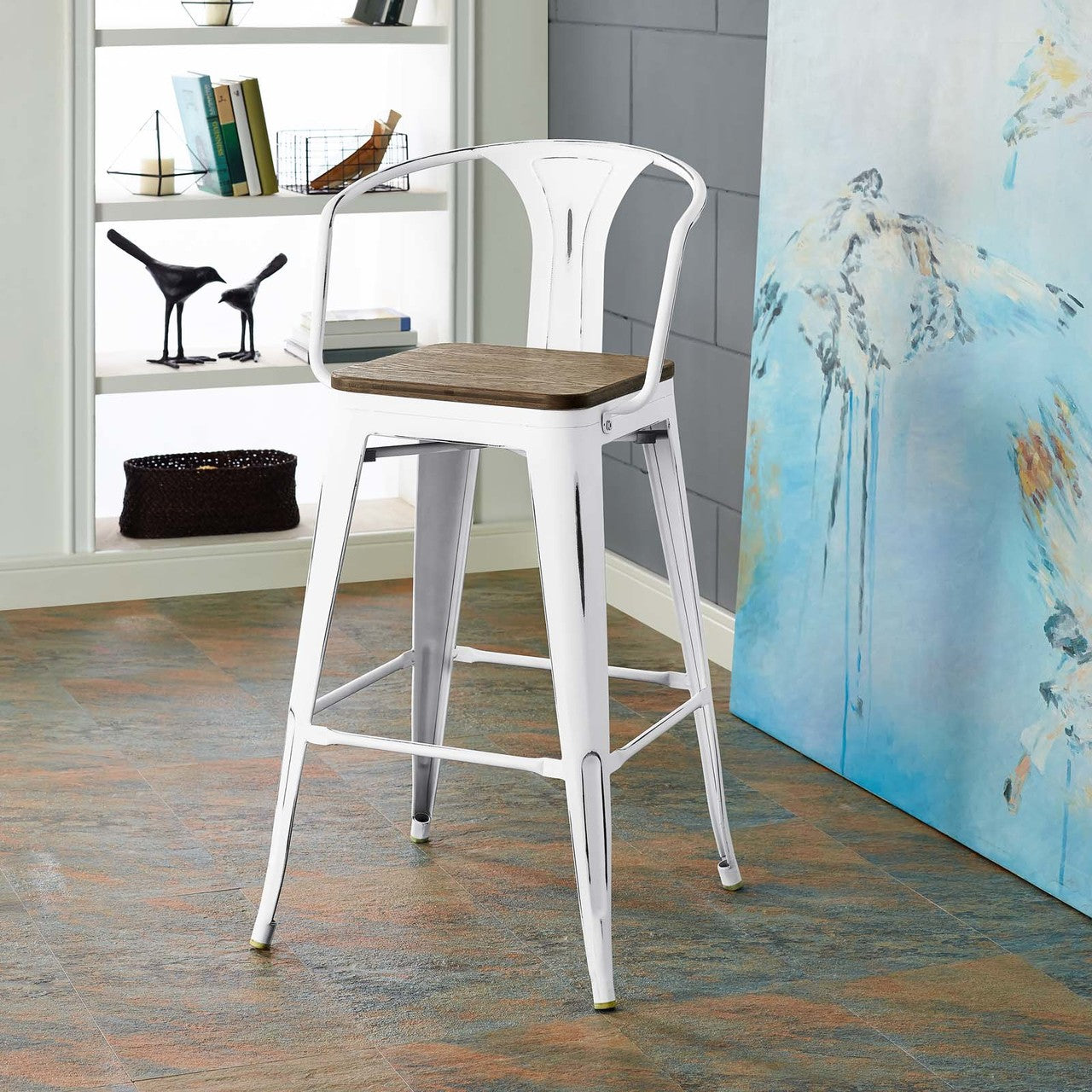 Promenade Bar Stool, Metal Steel Wood, White 13717