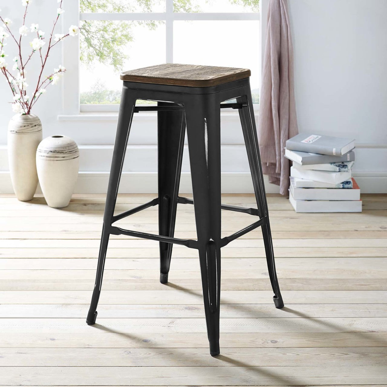 Promenade Bar Stool, Metal Steel Wood, Black 13718