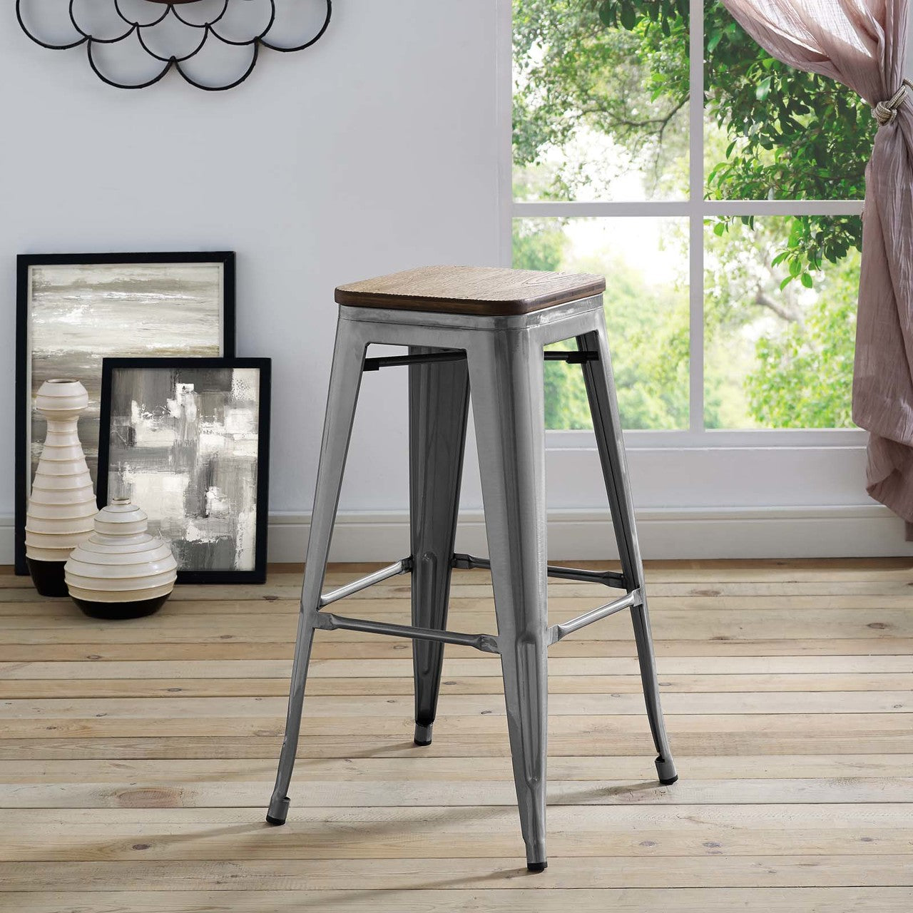 Promenade Bar Stool, Metal Steel Wood, Silver 13720