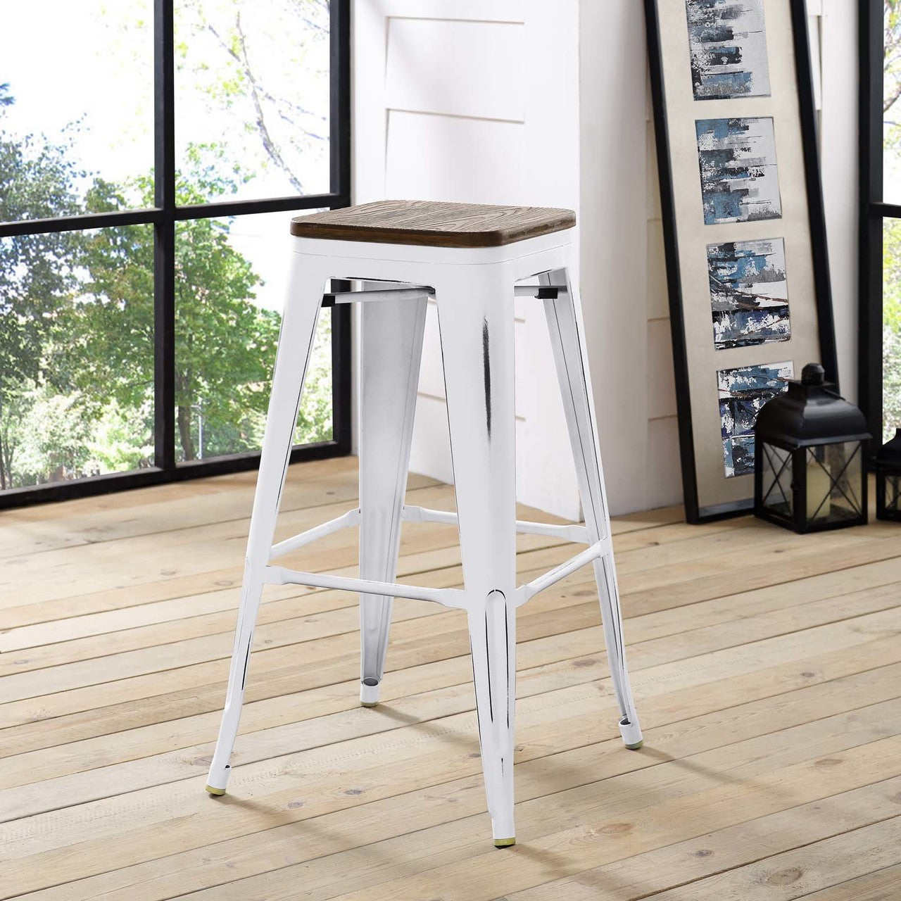 Promenade Bar Stool, Metal Steel Wood, White 13721