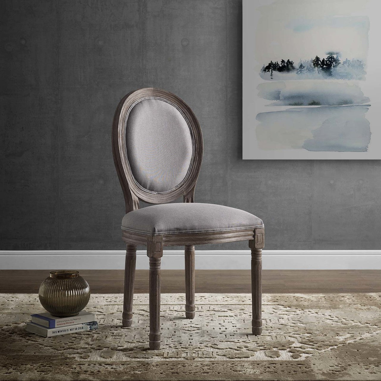 Emanate Vintage French Upholstered Fabric Dining Side Chair, Fabric Wood, Light Grey Gray 13727