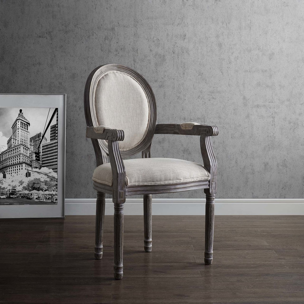 Emanate Vintage French Upholstered Fabric Dining Armchair, Fabric Wood, Beige 13728
