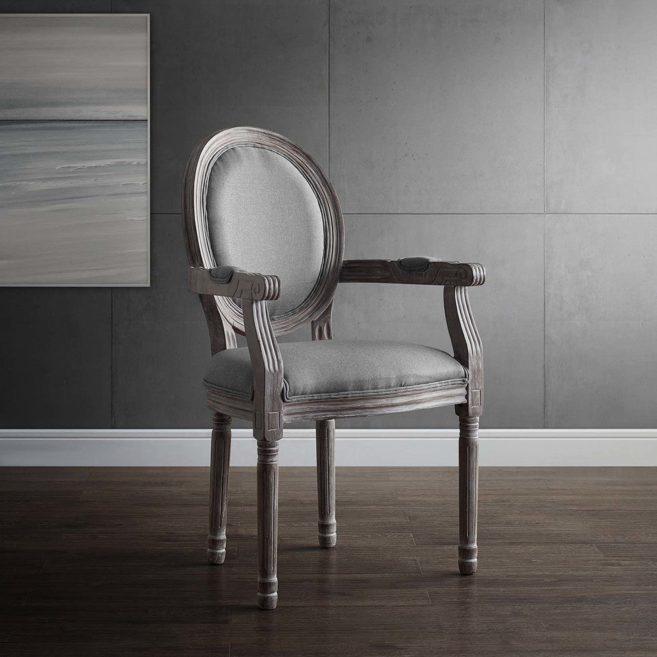 Emanate Vintage French Upholstered Fabric Dining Armchair, Fabric Wood, Light Grey Gray 13729