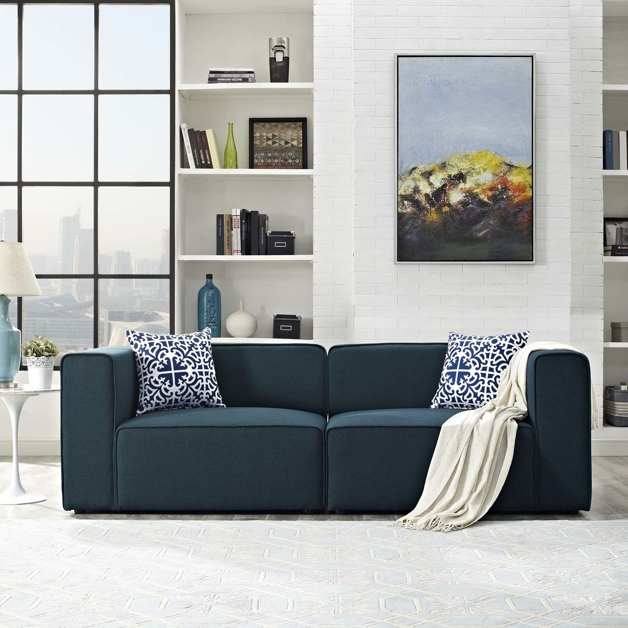 Mingle 2 Piece Upholstered Fabric Sofa Set, Fabric, Blue 13730