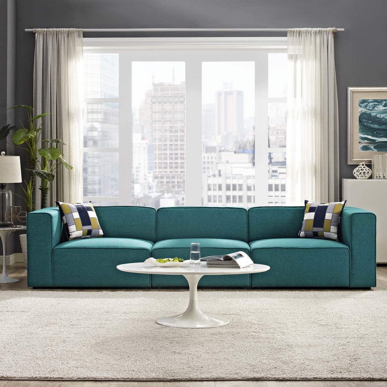 Mingle 3 Piece Upholstered Fabric Sofa Set, Fabric, Aqua Blue 13736