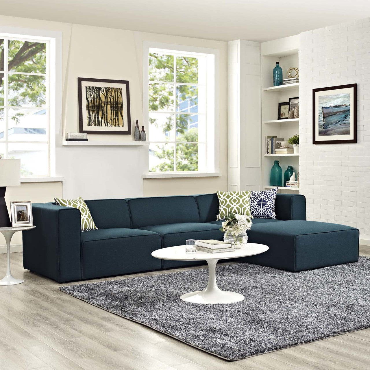 Mingle 4 Piece Upholstered Fabric Sectional Sofa Set, Fabric, Blue 13742