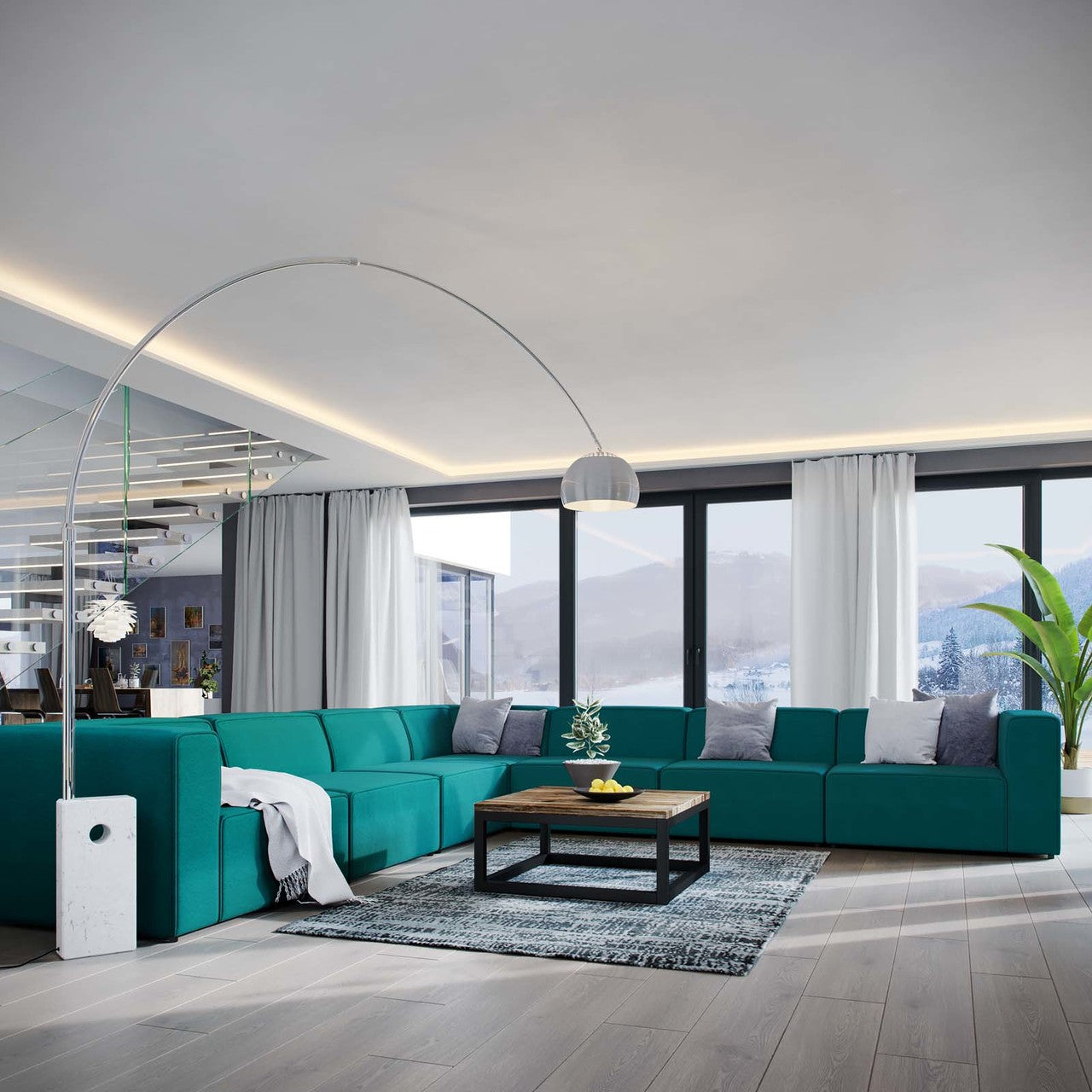 Mingle 7 Piece Upholstered Fabric Sectional Sofa Set, Fabric, Aqua Blue 13756