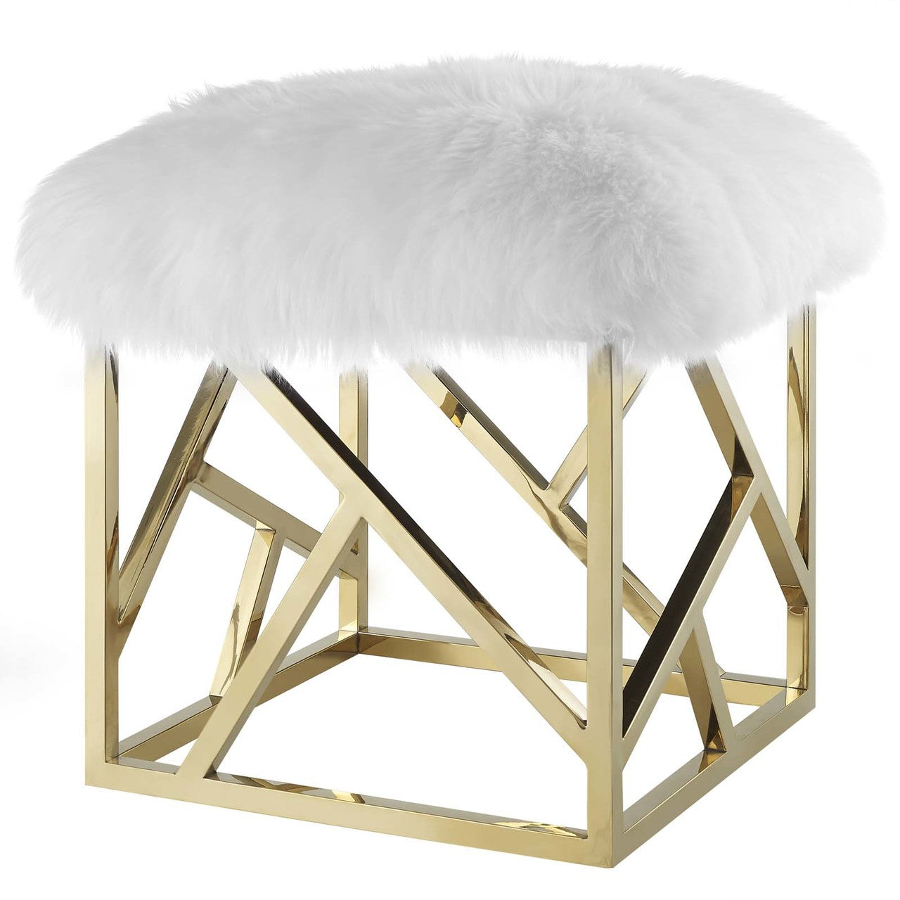 Intersperse Sheepskin Ottoman, Metal Steel Skin, Gold White 13767