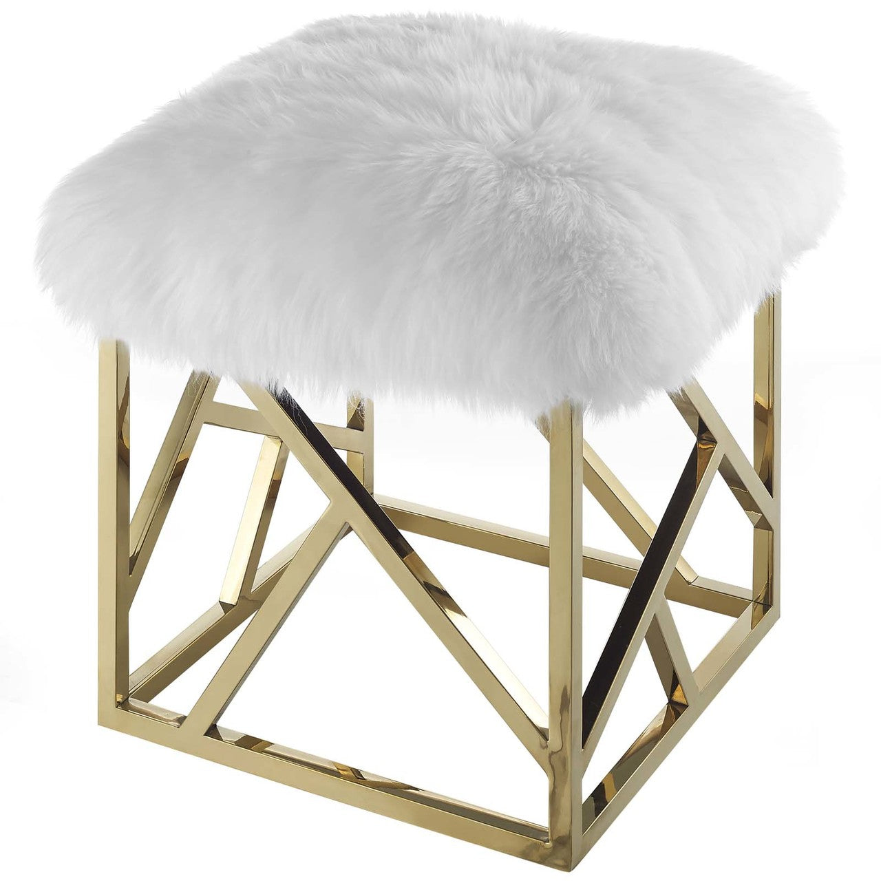 Intersperse Sheepskin Ottoman, Metal Steel Skin, Gold White 13767