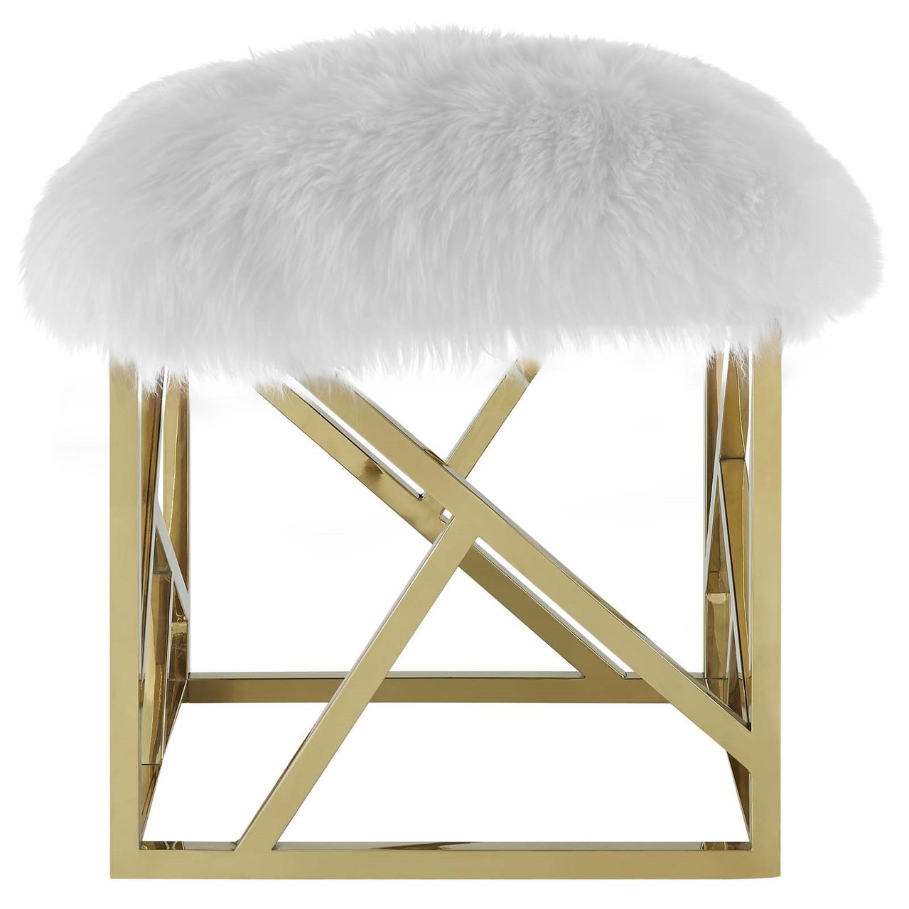 Intersperse Sheepskin Ottoman, Metal Steel Skin, Gold White 13767