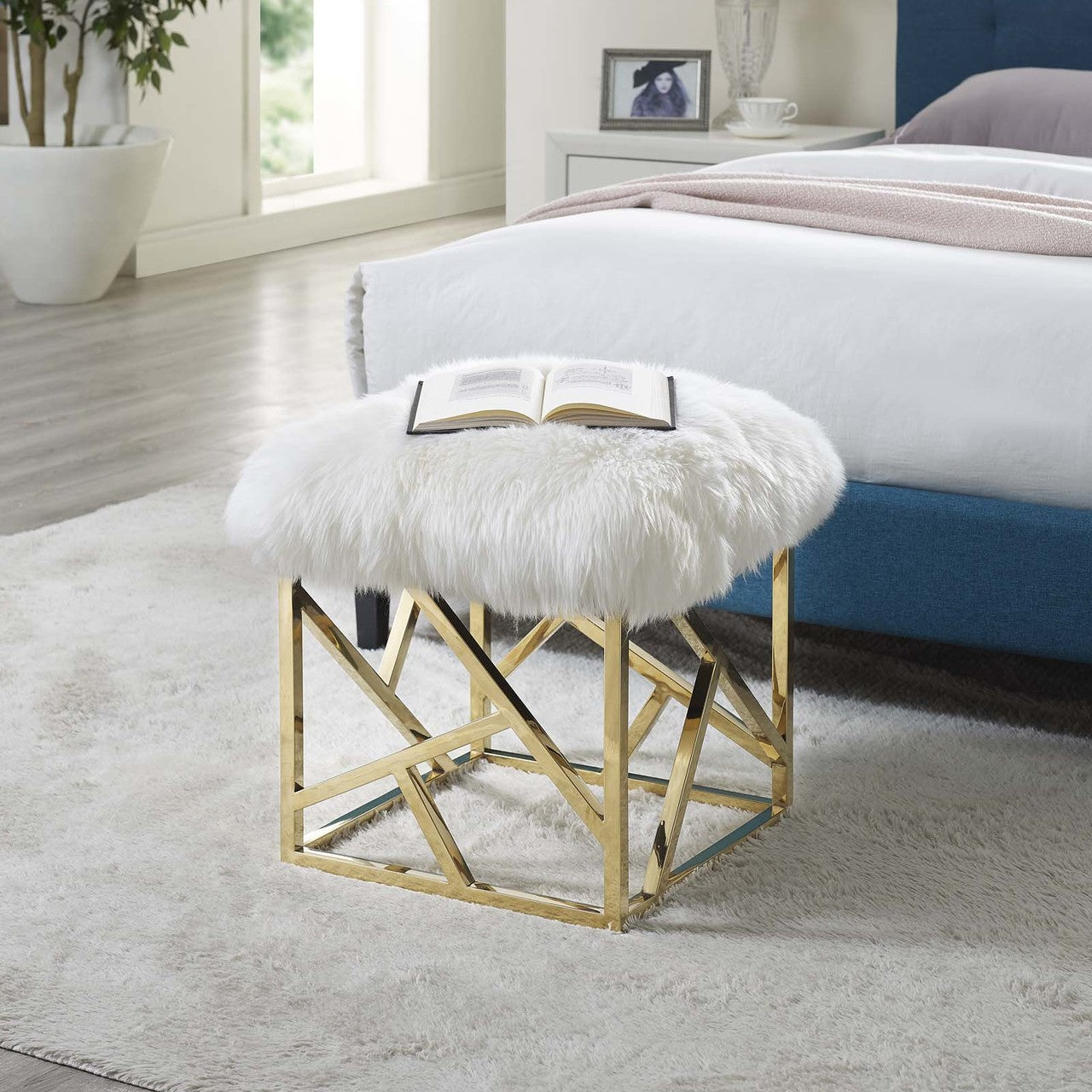 Intersperse Sheepskin Ottoman, Metal Steel Skin, Gold White 13767