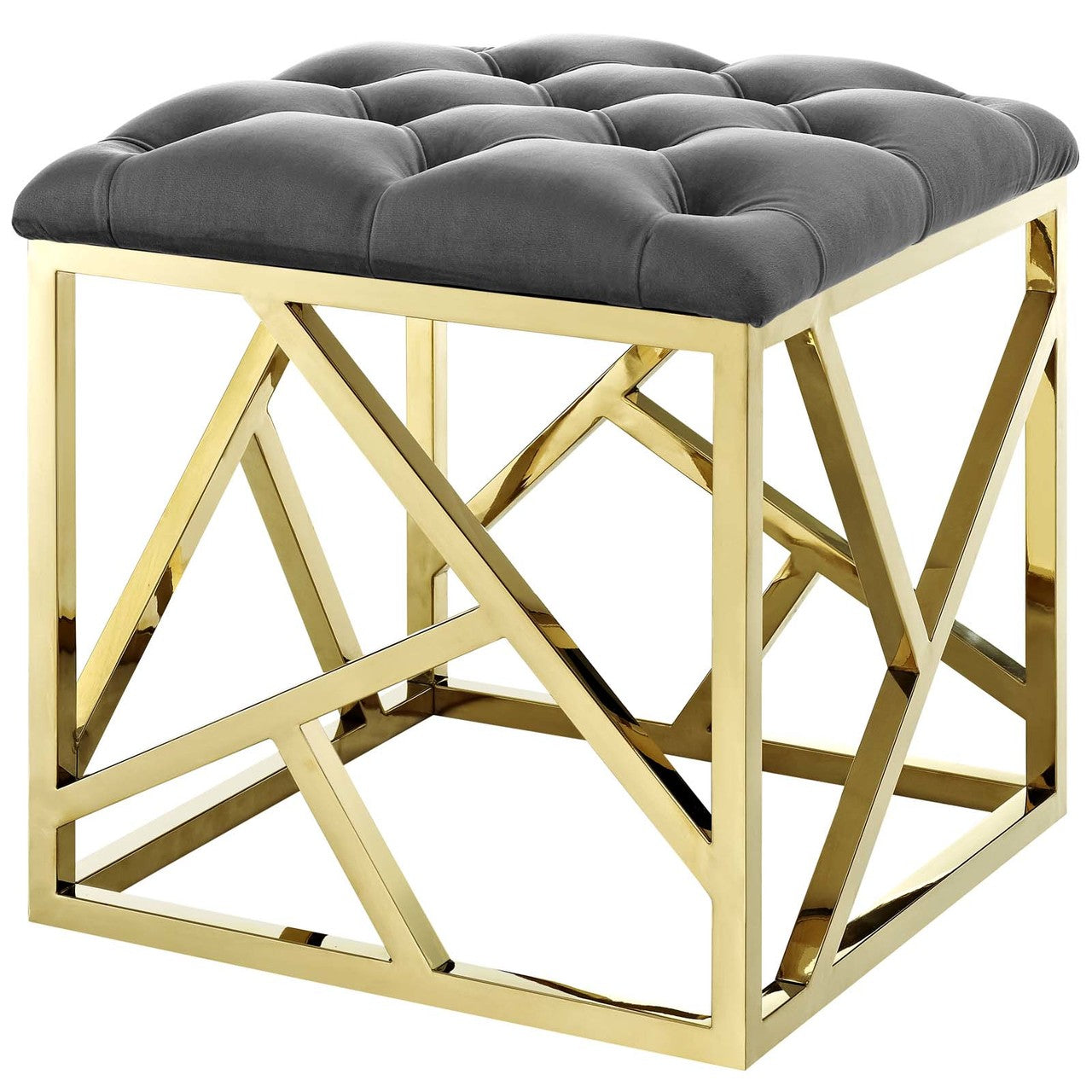 Intersperse Ottoman, Velvet Fabric Metal Steel, Gold Gray 13769