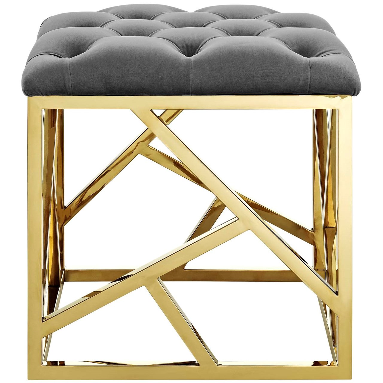 Intersperse Ottoman, Velvet Fabric Metal Steel, Gold Gray 13769