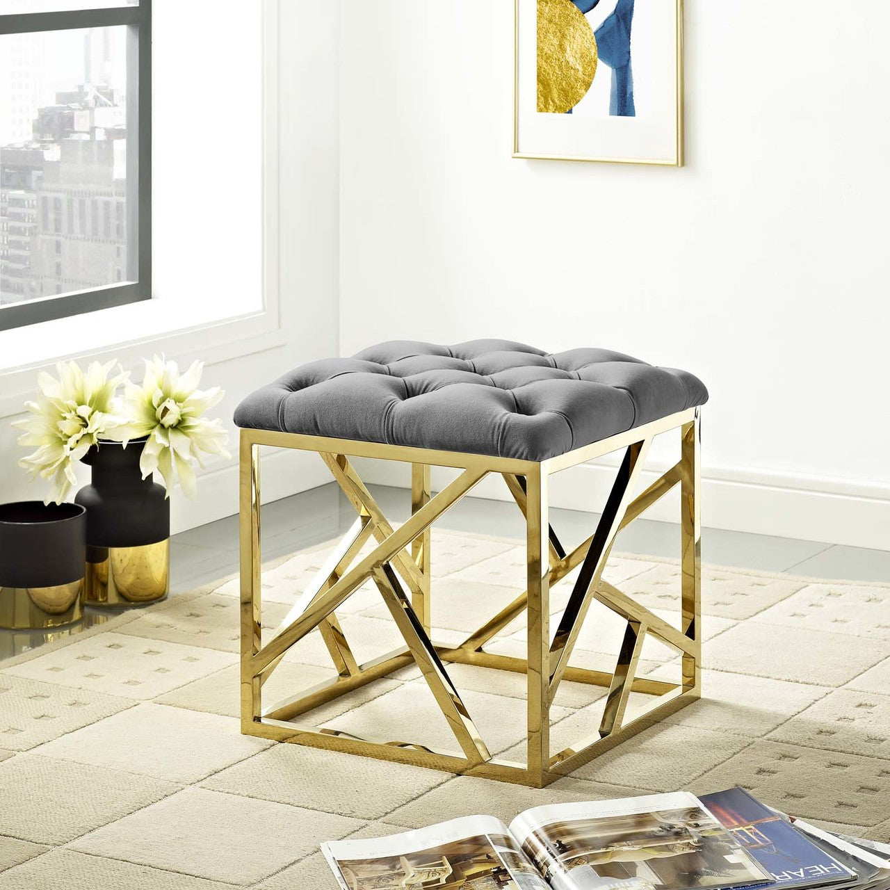 Intersperse Ottoman, Velvet Fabric Metal Steel, Gold Gray 13769