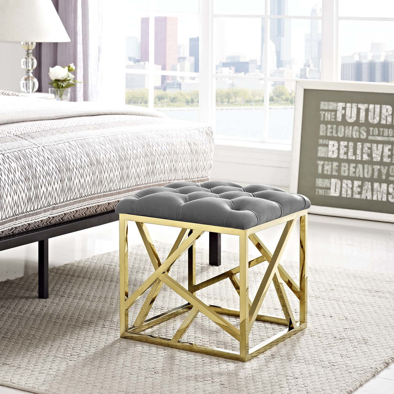 Intersperse Ottoman, Velvet Fabric Metal Steel, Gold Gray 13769