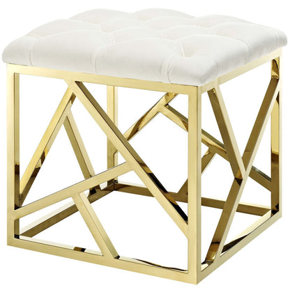 Intersperse Ottoman, Velvet Fabric Metal Steel, Gold Ivory 13770