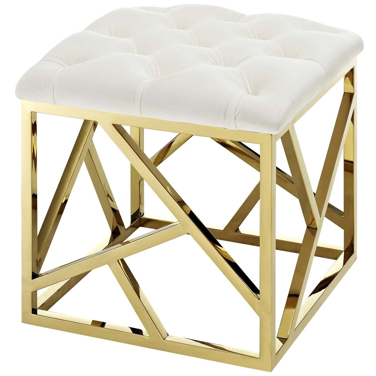 Intersperse Ottoman, Velvet Fabric Metal Steel, Gold Ivory 13770