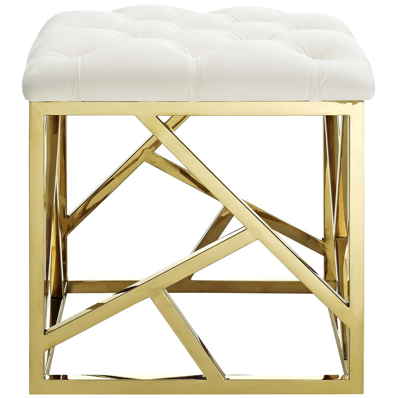 Intersperse Ottoman, Velvet Fabric Metal Steel, Gold Ivory 13770