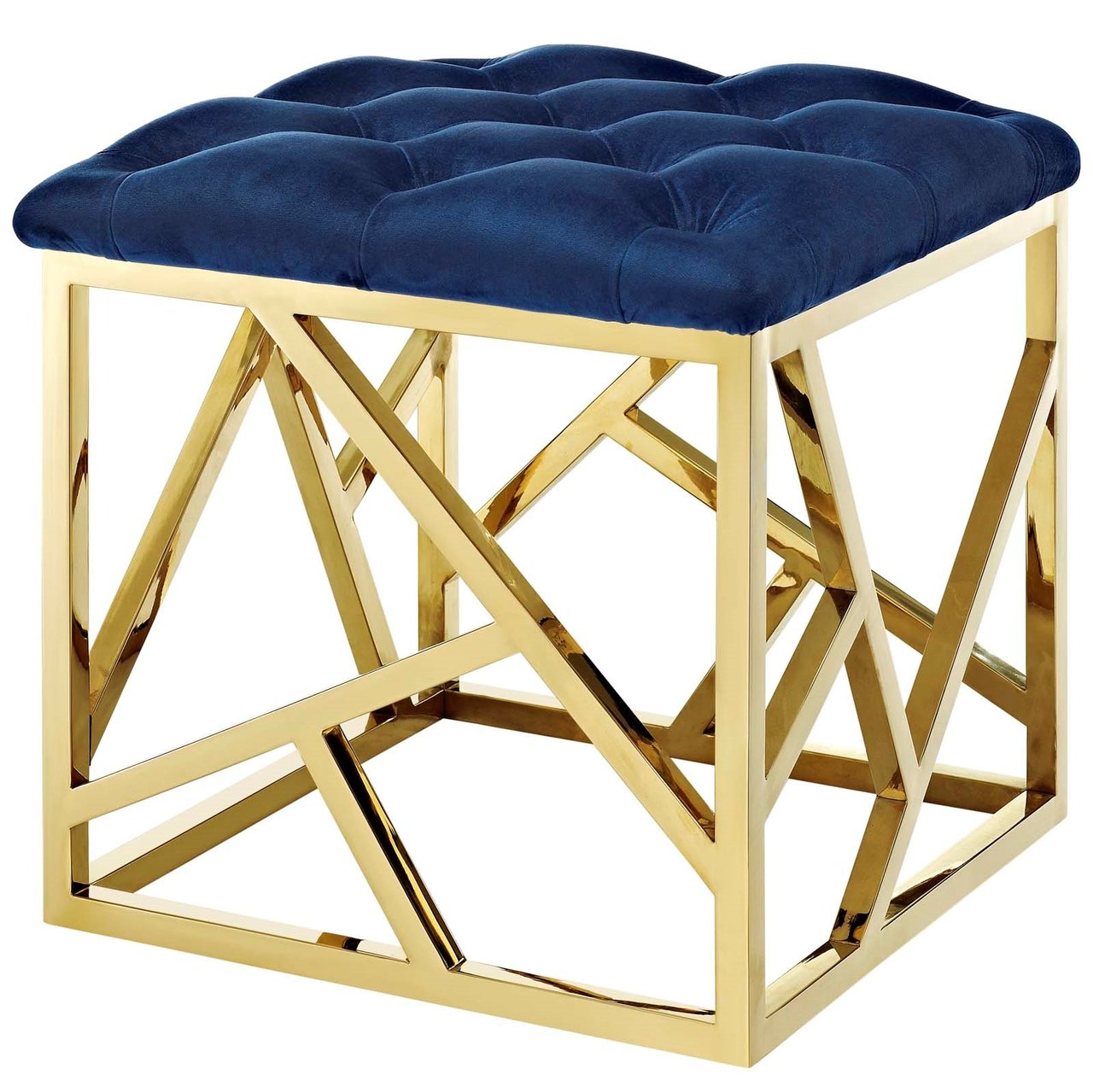 Intersperse Ottoman, Velvet Fabric Metal Steel, Gold Navy 13771