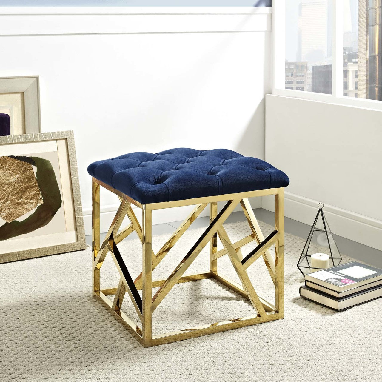 Intersperse Ottoman, Velvet Fabric Metal Steel, Gold Navy 13771
