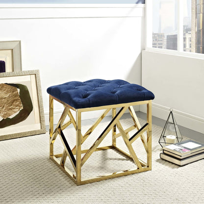 Intersperse Ottoman, Velvet Fabric Metal Steel, Gold Navy 13771