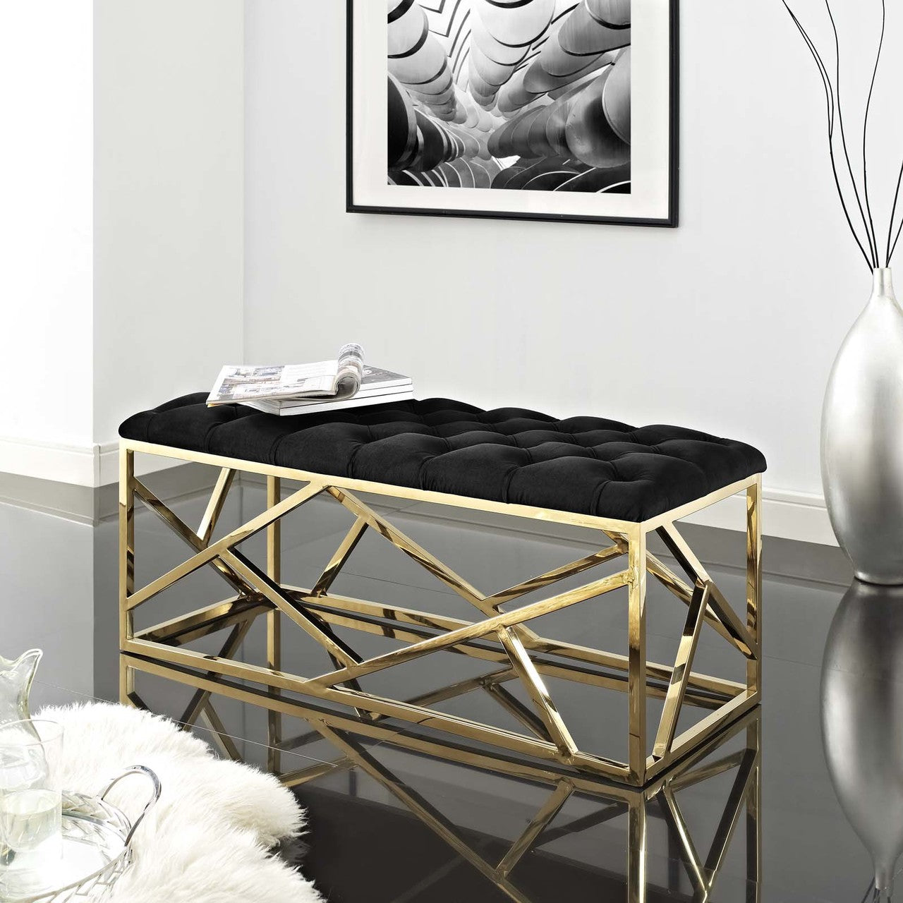Intersperse Bench, Velvet Fabric Metal Steel, Gold Black 13773