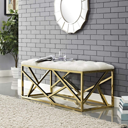 Intersperse Bench, Velvet Fabric Metal Steel, Gold Ivory 13775