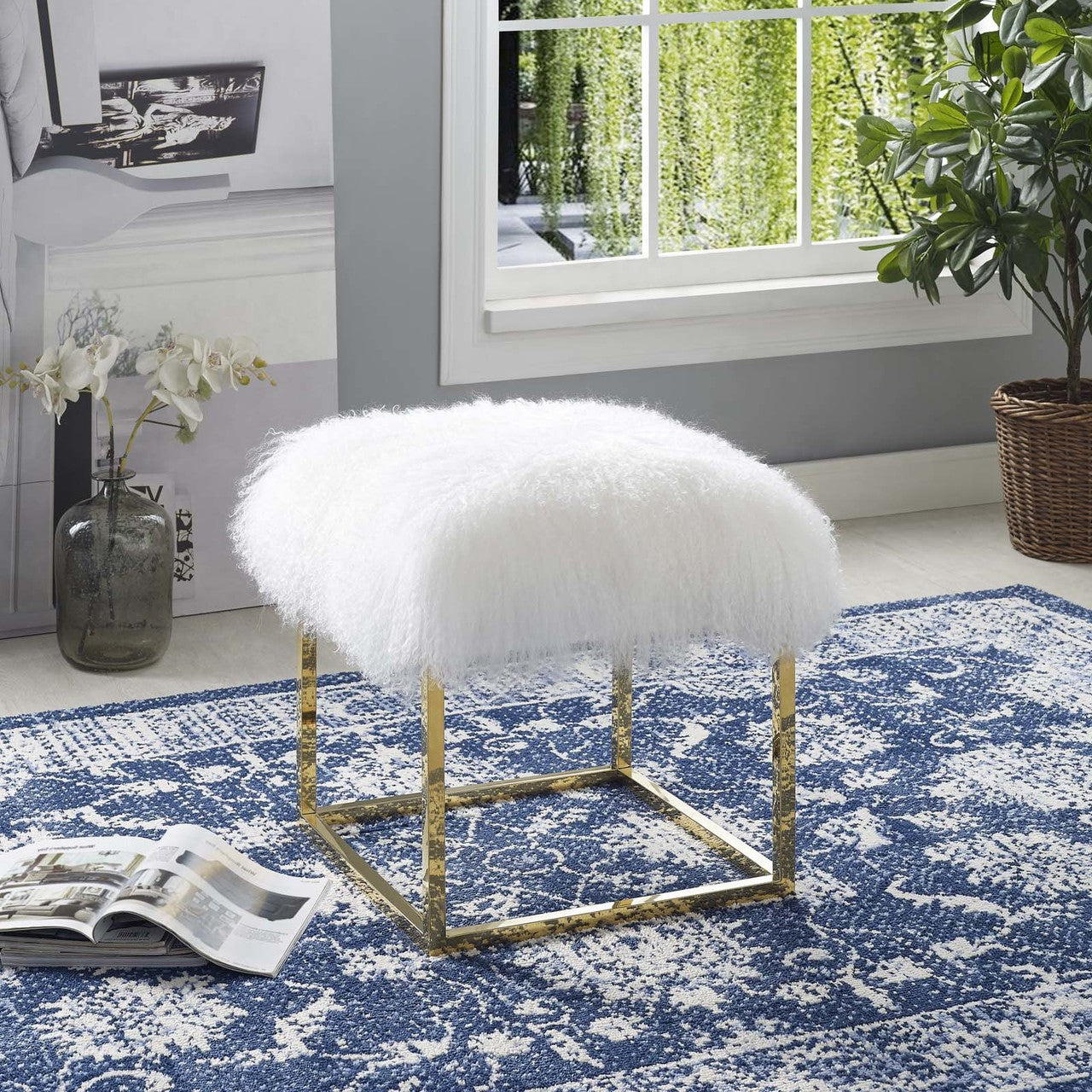 Anticipate Ottoman, Velvet Fabric Metal Steel, Gold White 13777