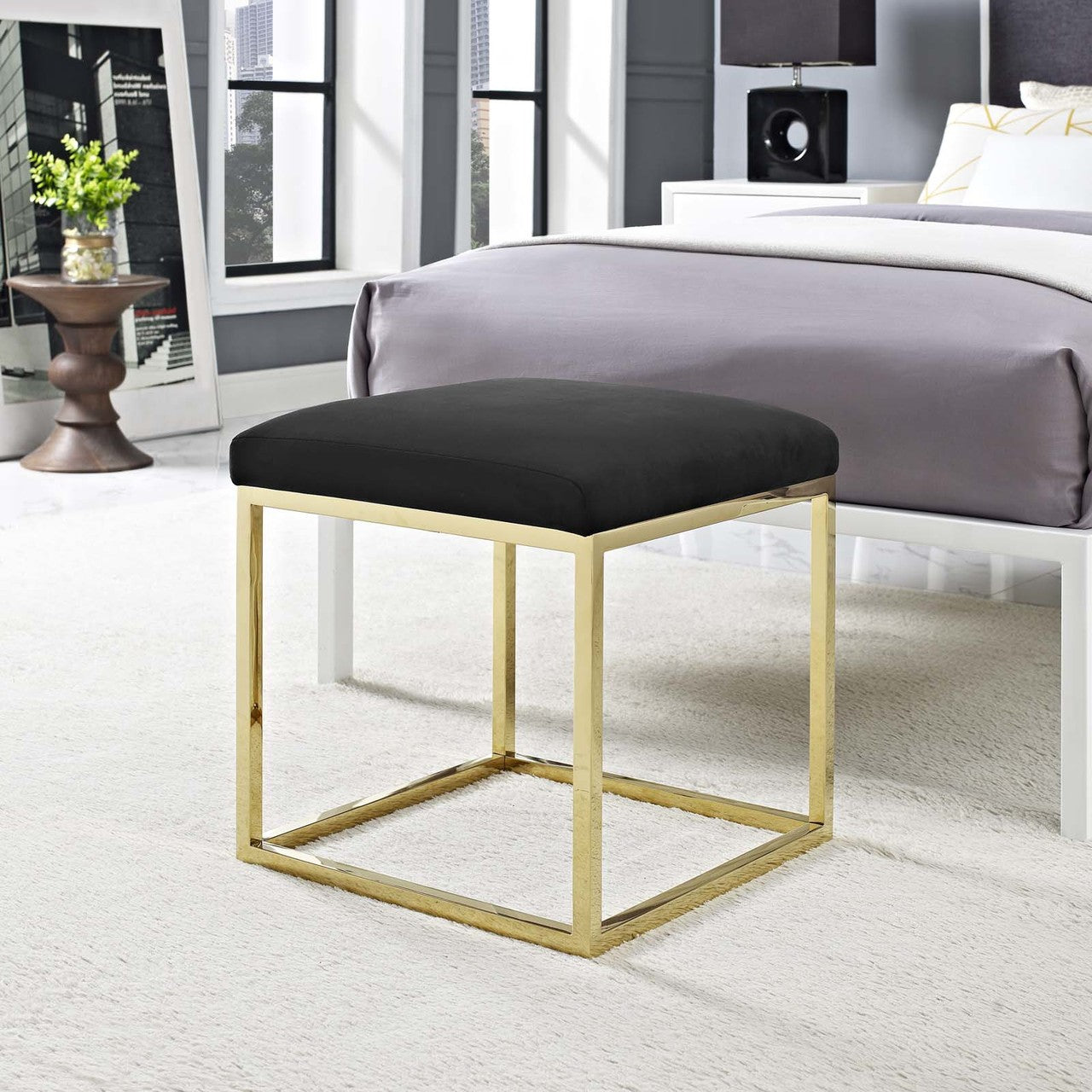 Anticipate Ottoman, Velvet Fabric Metal Steel, Gold Black 13778