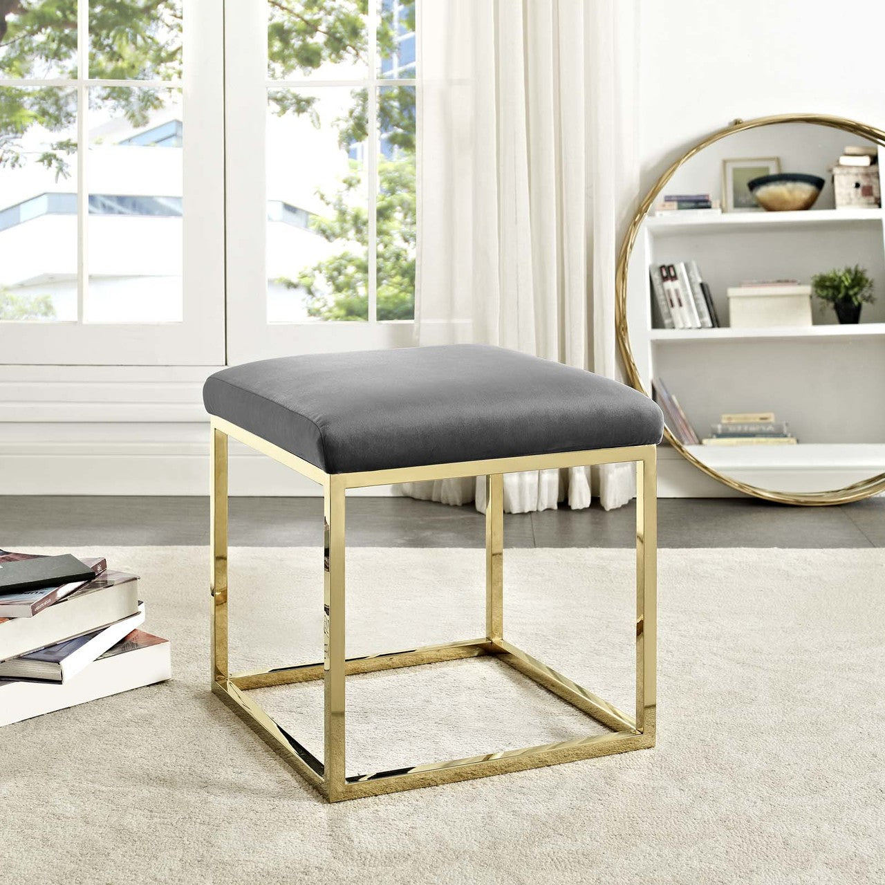 Anticipate Ottoman, Velvet Fabric Metal Steel, Gold Gray 13779