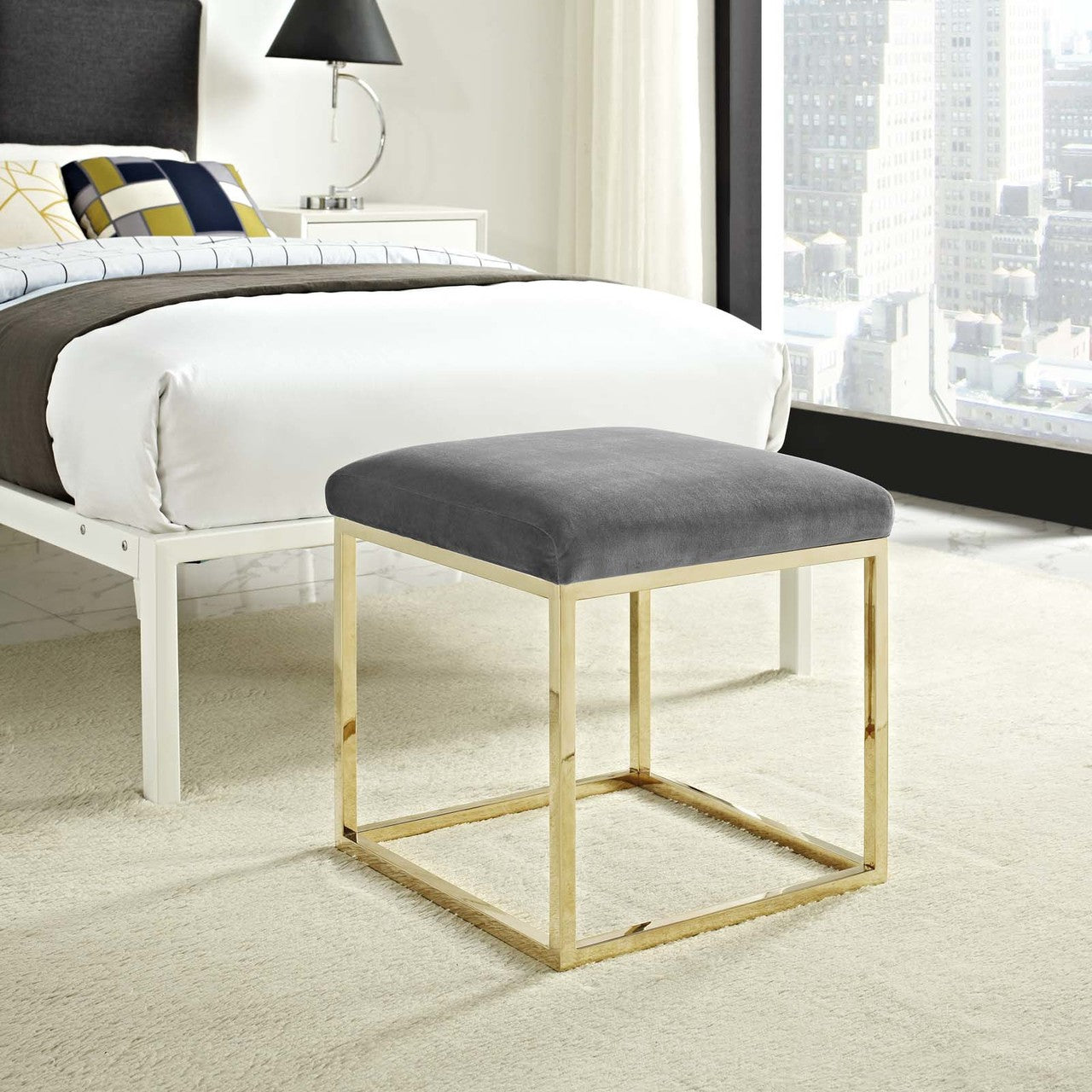 Anticipate Ottoman, Velvet Fabric Metal Steel, Gold Gray 13779