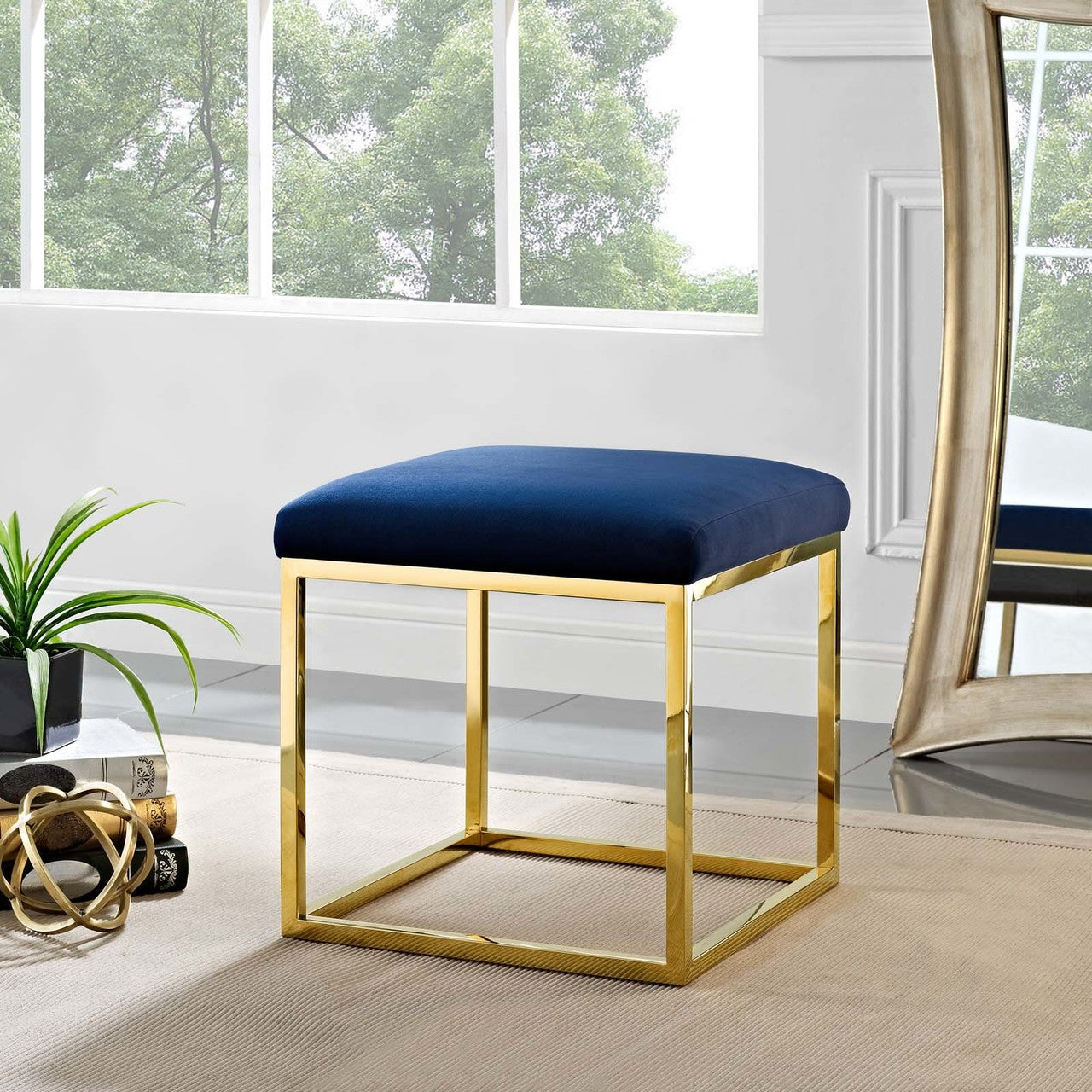 Anticipate Ottoman, Velvet Fabric Metal Steel, Gold Navy 13781