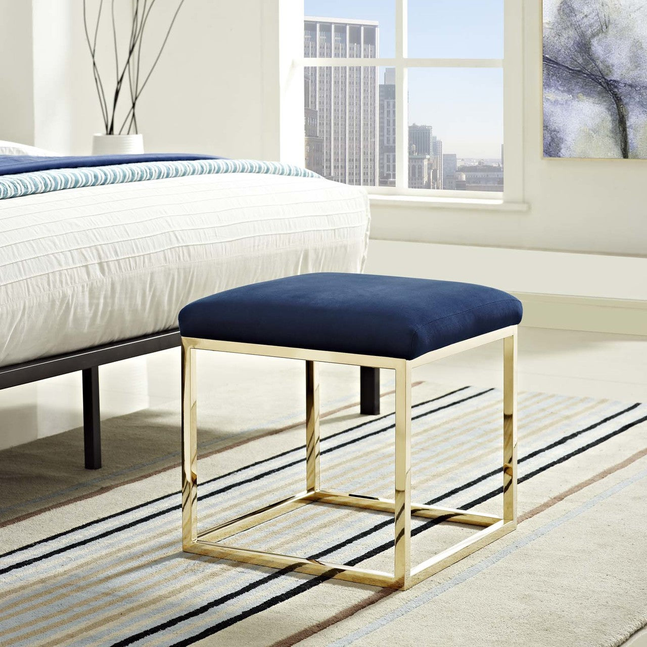 Anticipate Ottoman, Velvet Fabric Metal Steel, Gold Navy 13781