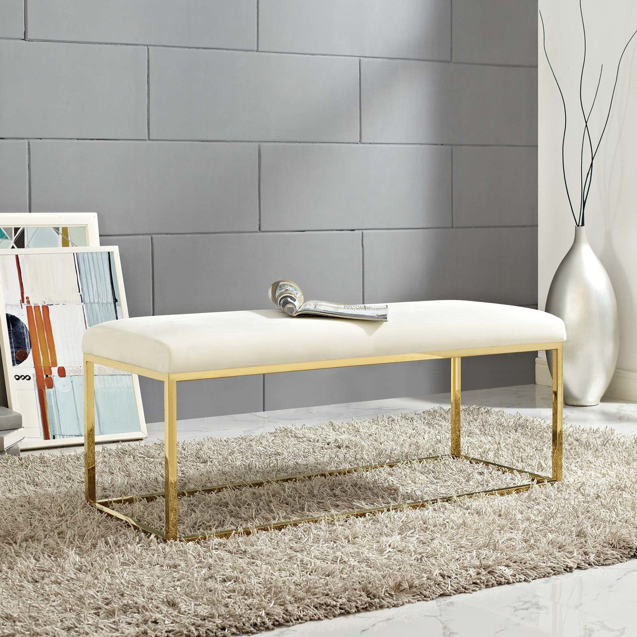 Anticipate Fabric Bench, Velvet Fabric Metal Steel, Gold Ivory 13785