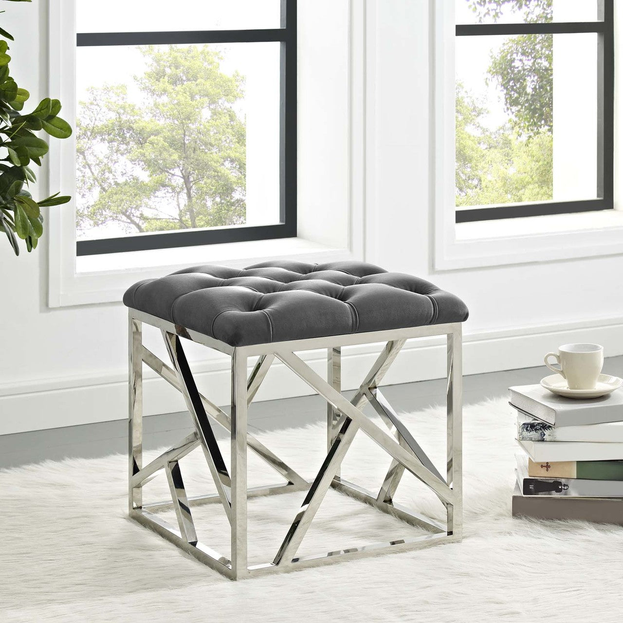 Intersperse Ottoman, Velvet Fabric Metal Steel, Grey Gray 13812