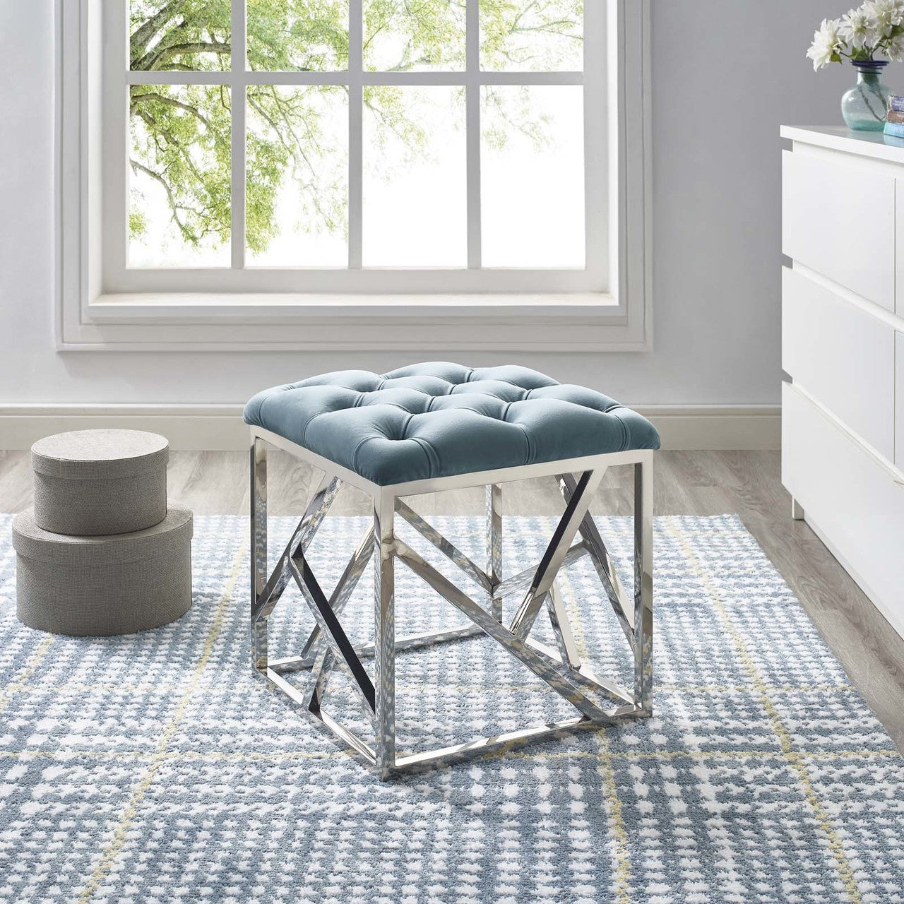 Intersperse Ottoman, Velvet Fabric Metal Steel, Blue 13813