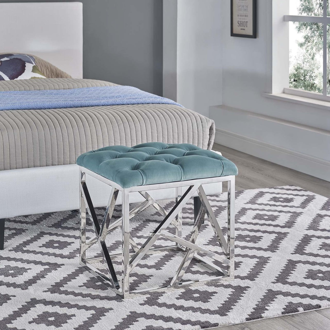 Intersperse Ottoman, Velvet Fabric Metal Steel, Blue 13813