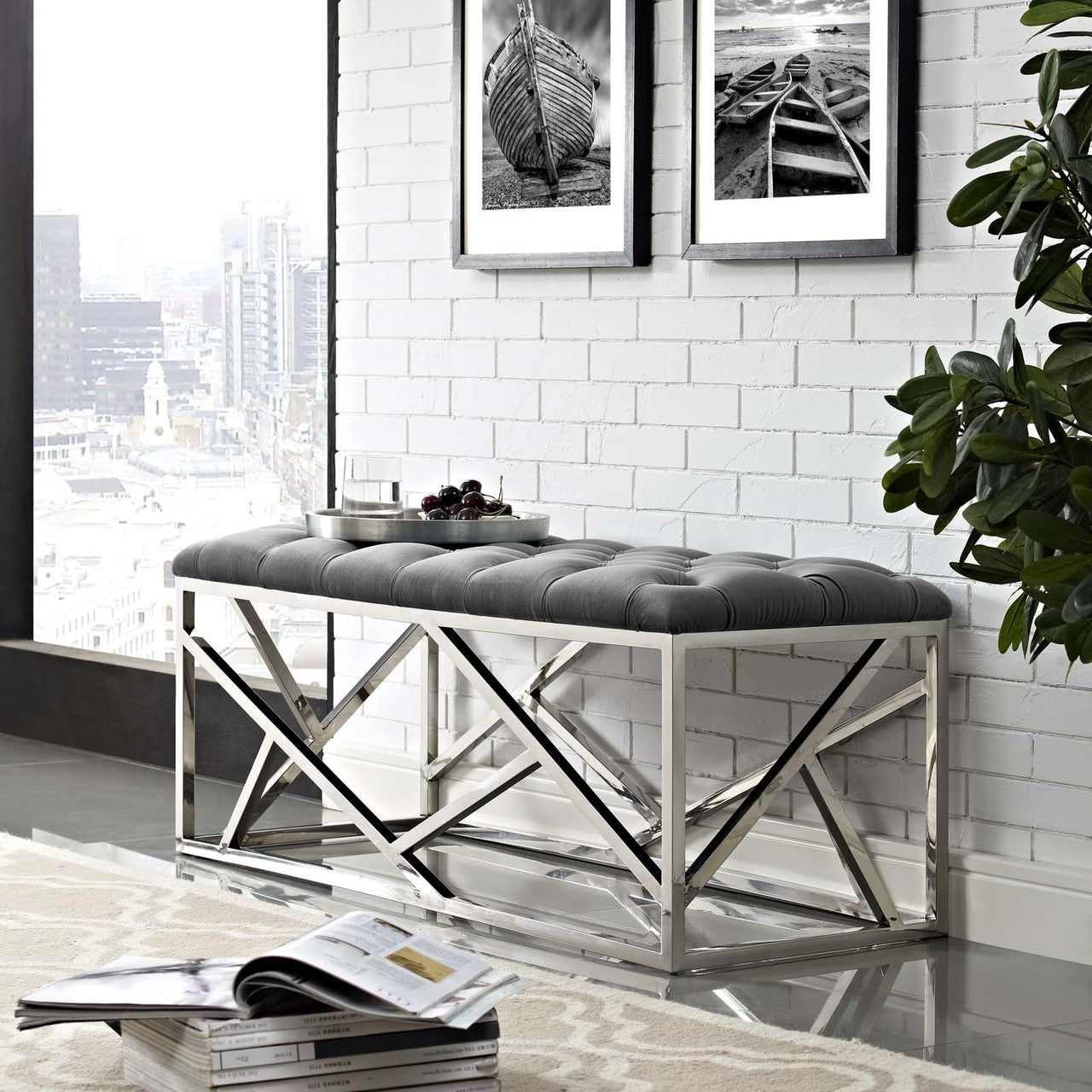 Intersperse Bench, Velvet Fabric Metal Steel, Grey Gray 13814