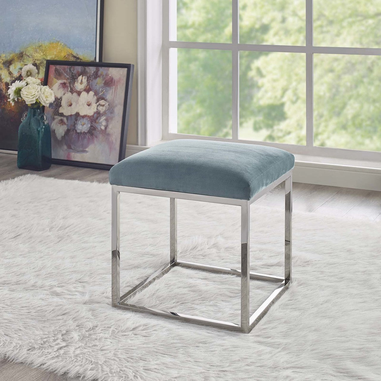 Anticipate Ottoman, Velvet Fabric Metal Steel, Blue 13817