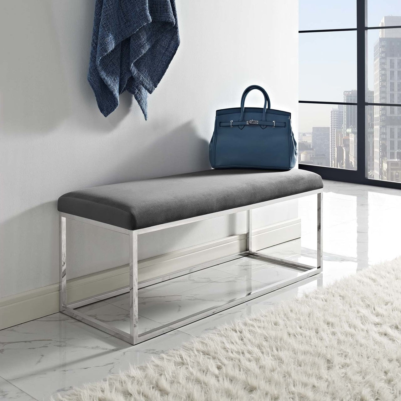 Anticipate Velvet Bench, Velvet Fabric Metal Steel, Grey Gray 13818