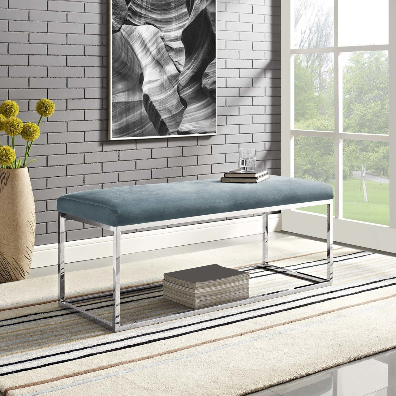 Anticipate Velvet Bench, Velvet Fabric Metal Steel, Blue 13819