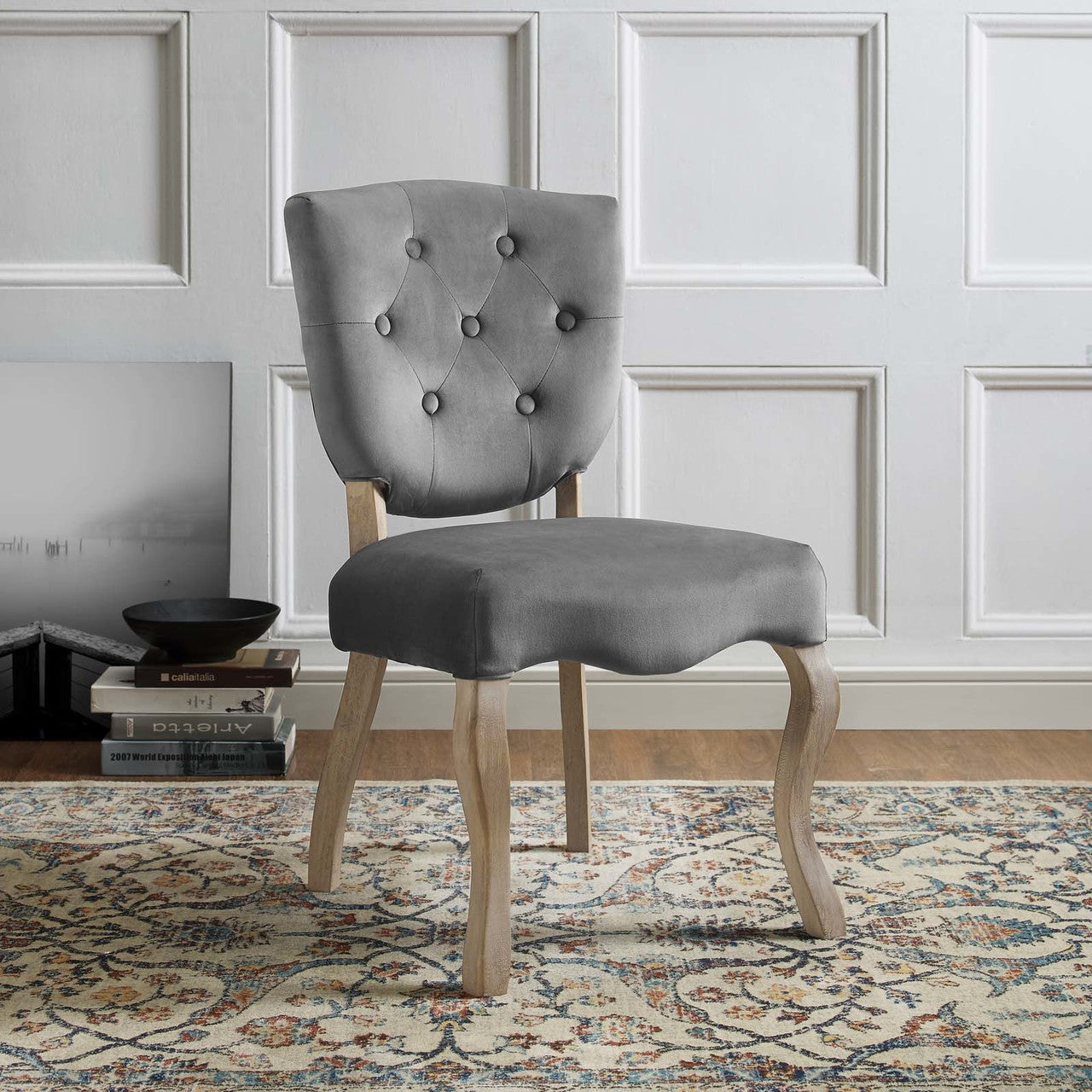 Array Vintage French Dining Side Chair, Velvet Fabric Metal Steel, Grey Gray 13836