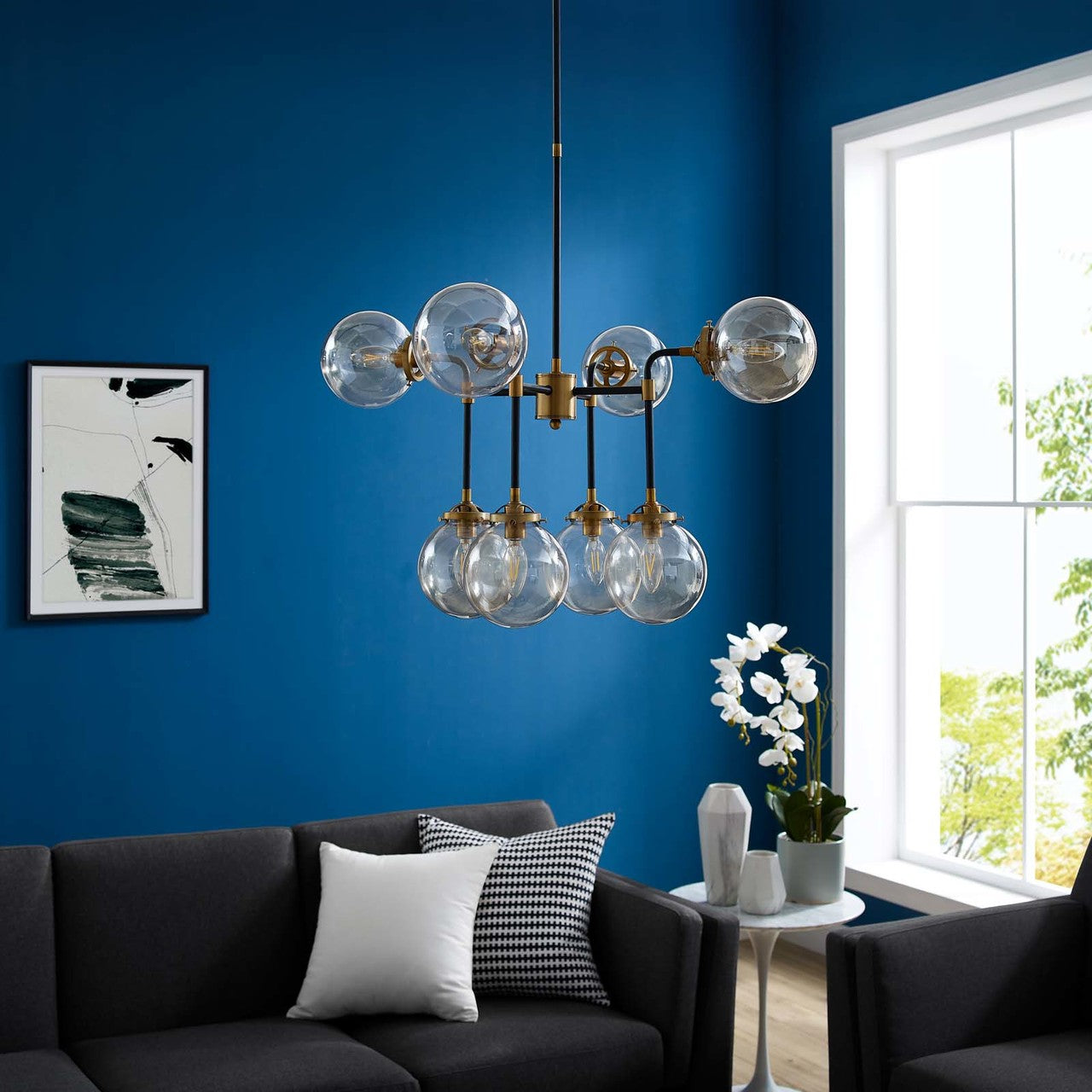Ambition Amber Glass And Antique Brass 8 Light Pendant Chandelier, Metal Steel, Gold 15274