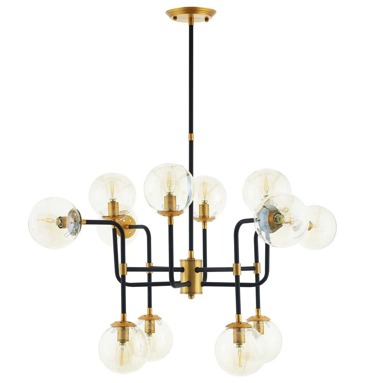 Ambition Amber Glass And Antique Brass 12 Light Pendant Chandelier, Metal Steel, Gold 15275
