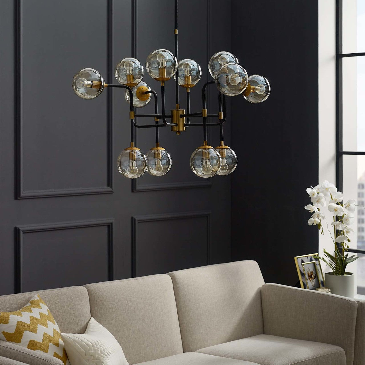 Ambition Amber Glass And Antique Brass 12 Light Pendant Chandelier, Metal Steel, Gold 15275