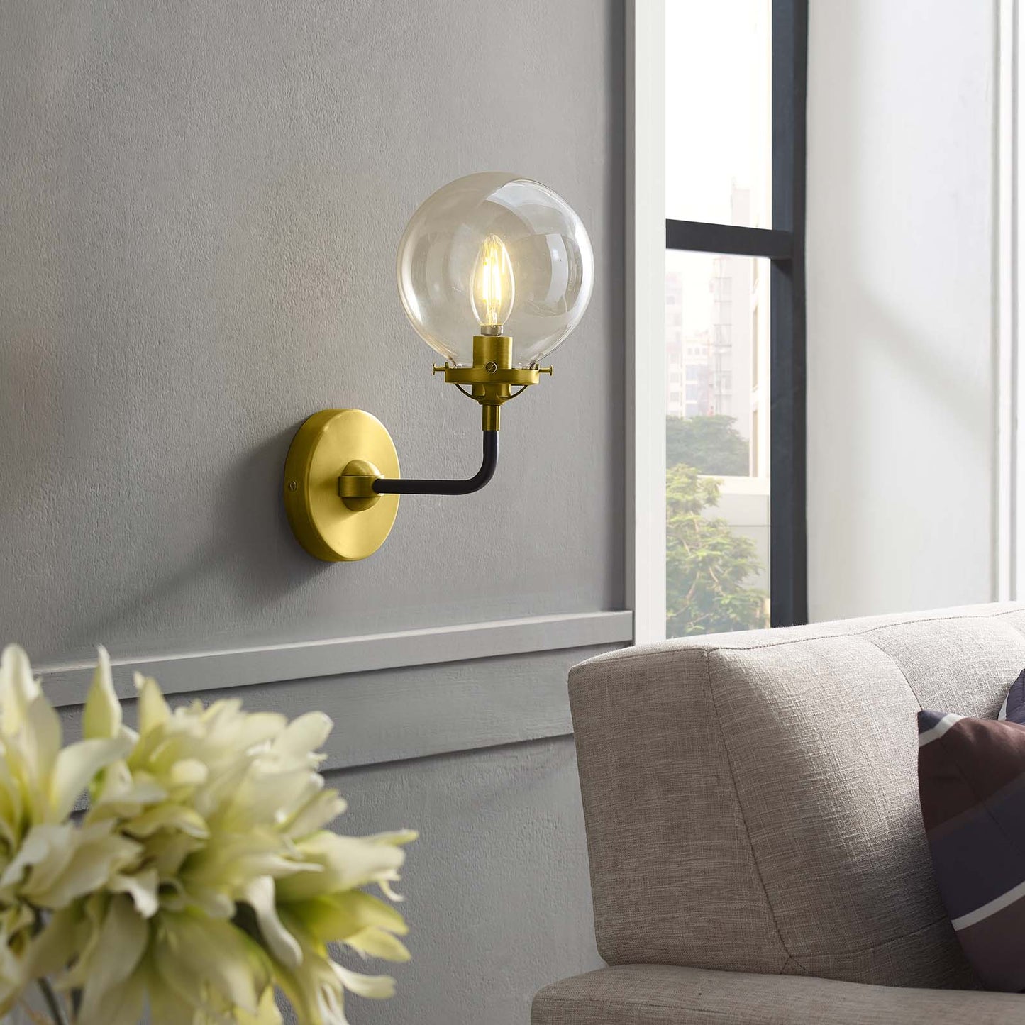 Reckon Amber Glass and Brass Wall Sconce Light, Glass Metal, Gold, 17803