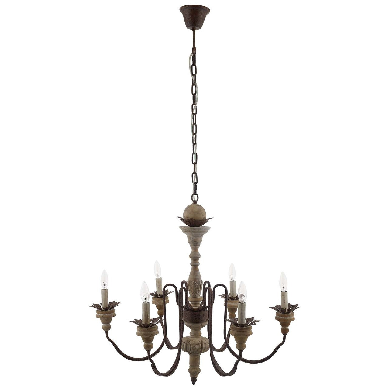 Bountiful Vintage French Pendant Ceiling Light Candelabra Chandelier, Metal Steel Wood, Natural Brown 15276