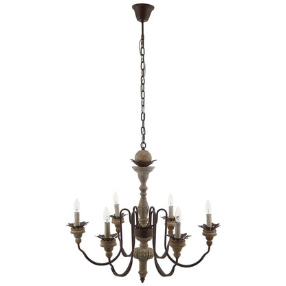 Bountiful Vintage French Pendant Ceiling Light Candelabra Chandelier, Metal Steel Wood, Natural Brown 15276