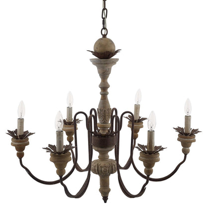 Bountiful Vintage French Pendant Ceiling Light Candelabra Chandelier, Metal Steel Wood, Natural Brown 15276
